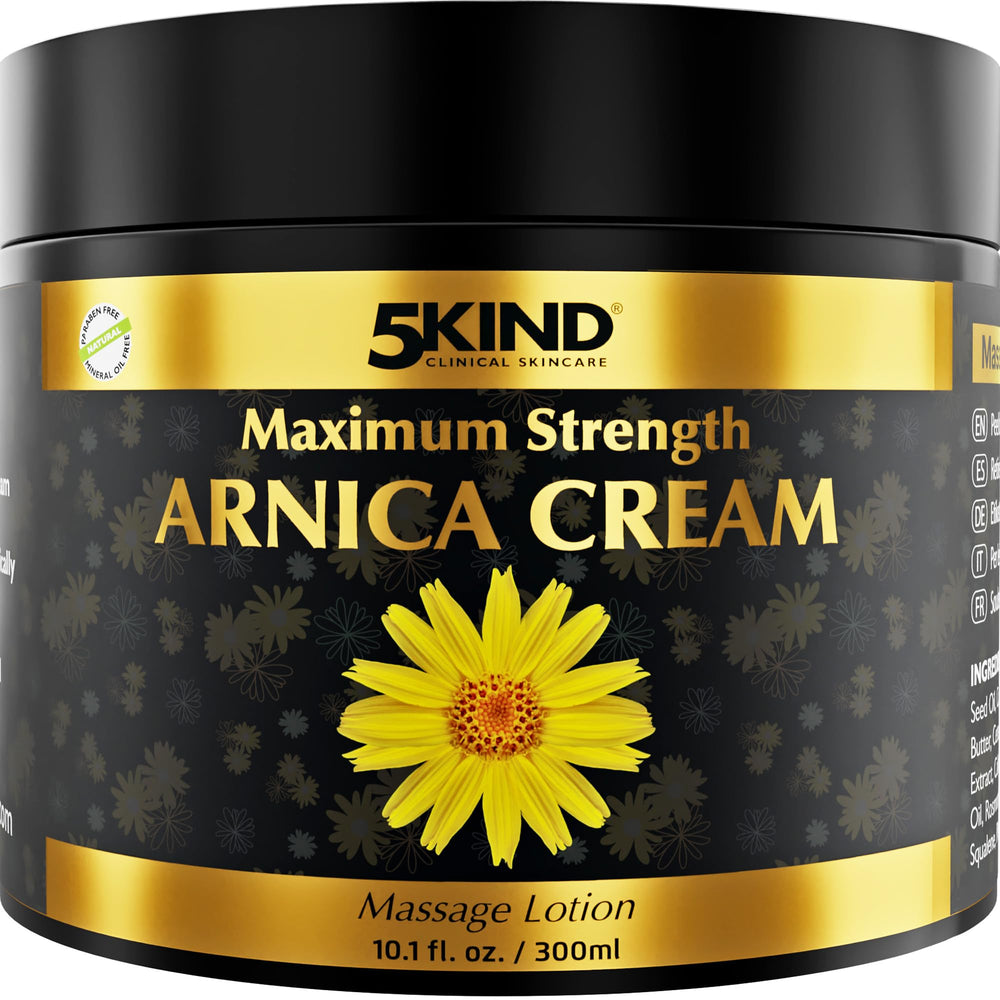 5kind Extra Strong Arnica Cream 10oz jar for bruise care and soothing moisturization.