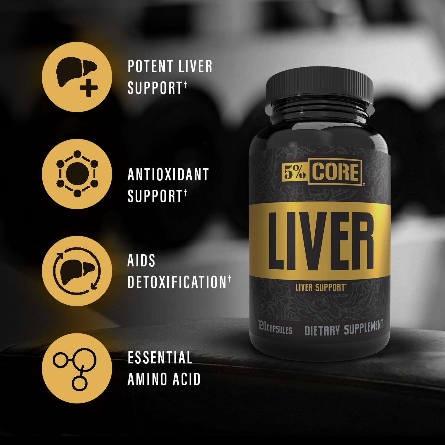 5% Nutrition Core Liver Support capsules close-up showing smooth texture
