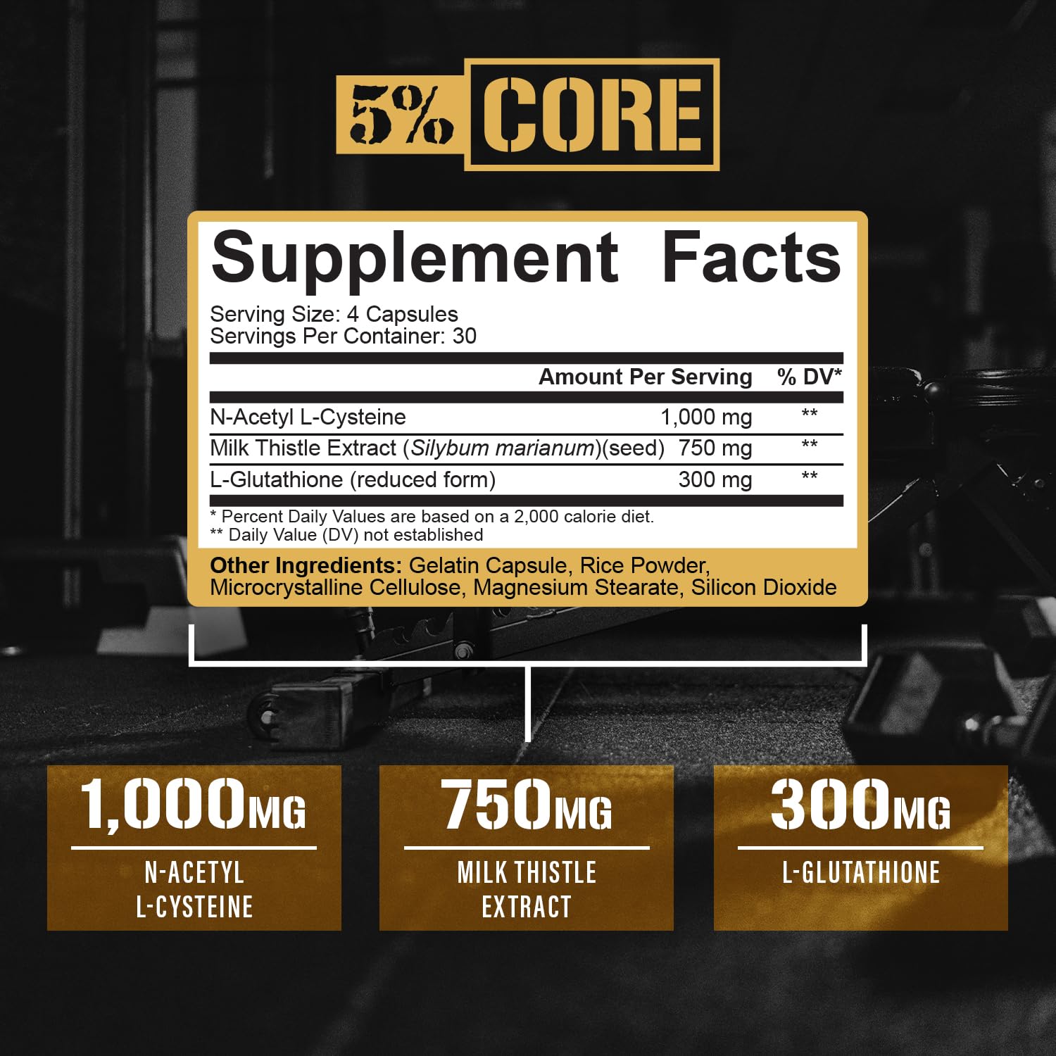 5% Nutrition Core Liver Support Glutathione bottle showing antioxidant balance for busy days
