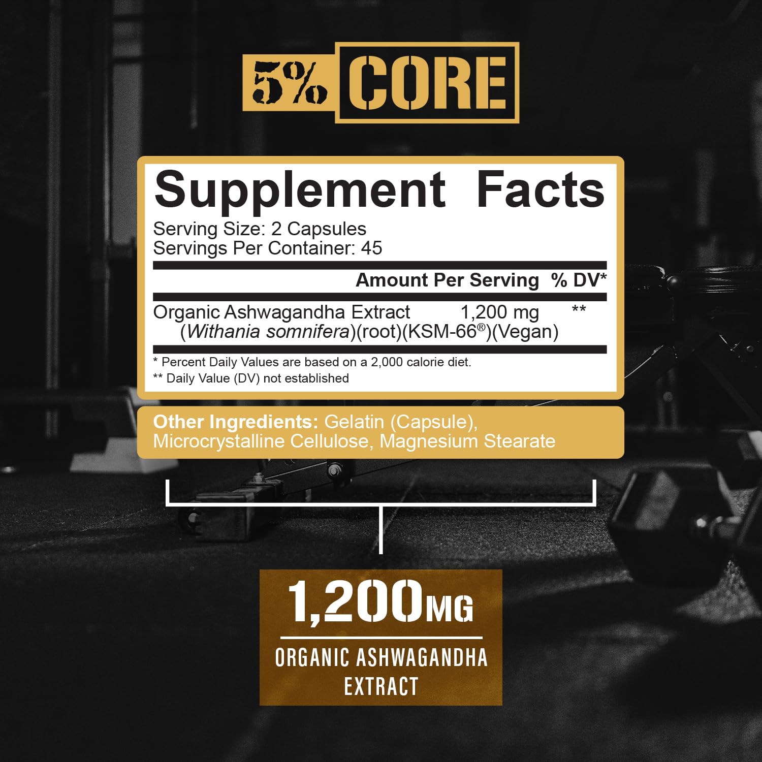 Closeup of 5% Nutrition Core KSM-66 Ashwagandha label showing organic sourcing