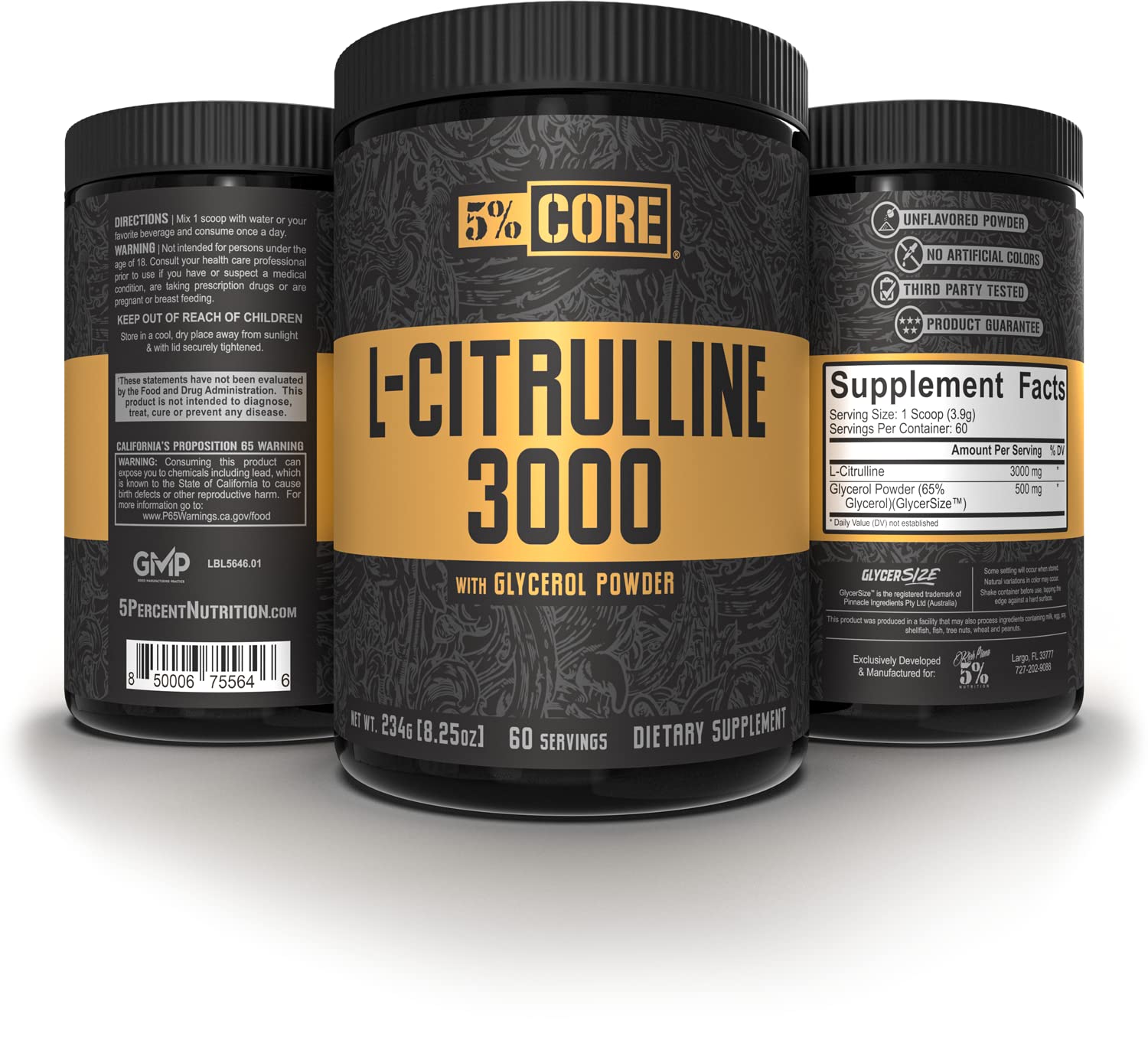 Bottle with powder from 5% Nutrition Core L-Citrulline 3000 alongside workout gear.