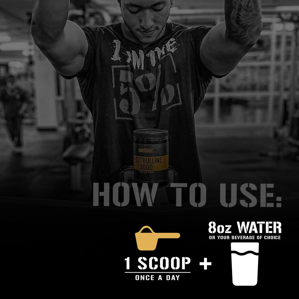 Close-up of 5% Nutrition Core L-Citrulline 3000 label highlighting purity.
