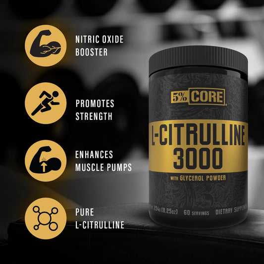Scoop of 5% Nutrition Core L-Citrulline 3000 ready to mix for workouts.