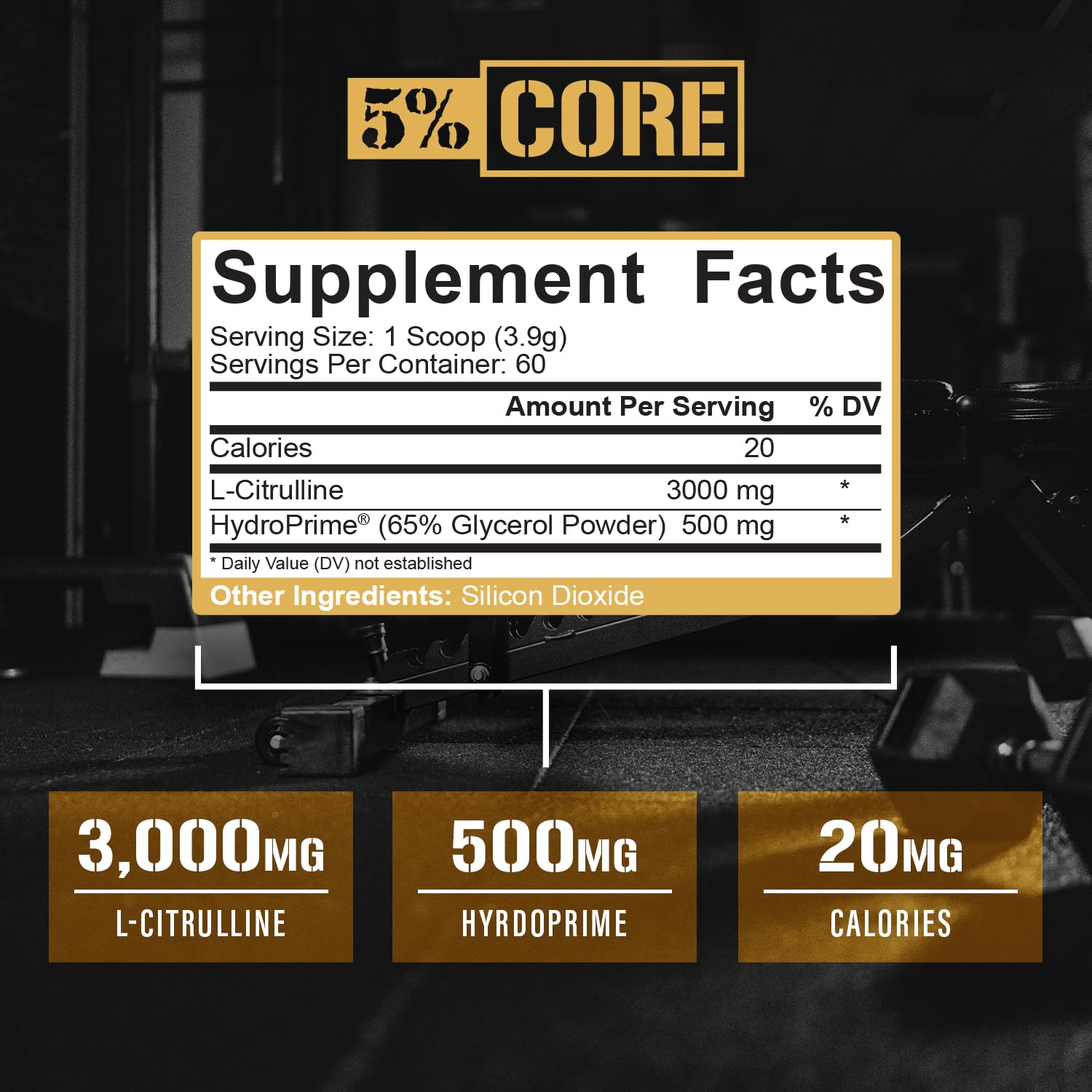 Unflavored powder of 5% Nutrition Core L-Citrulline 3000 for versatile pre-workout use.