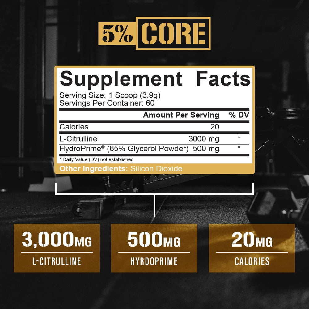 Unflavored powder of 5% Nutrition Core L-Citrulline 3000 for versatile pre-workout use.