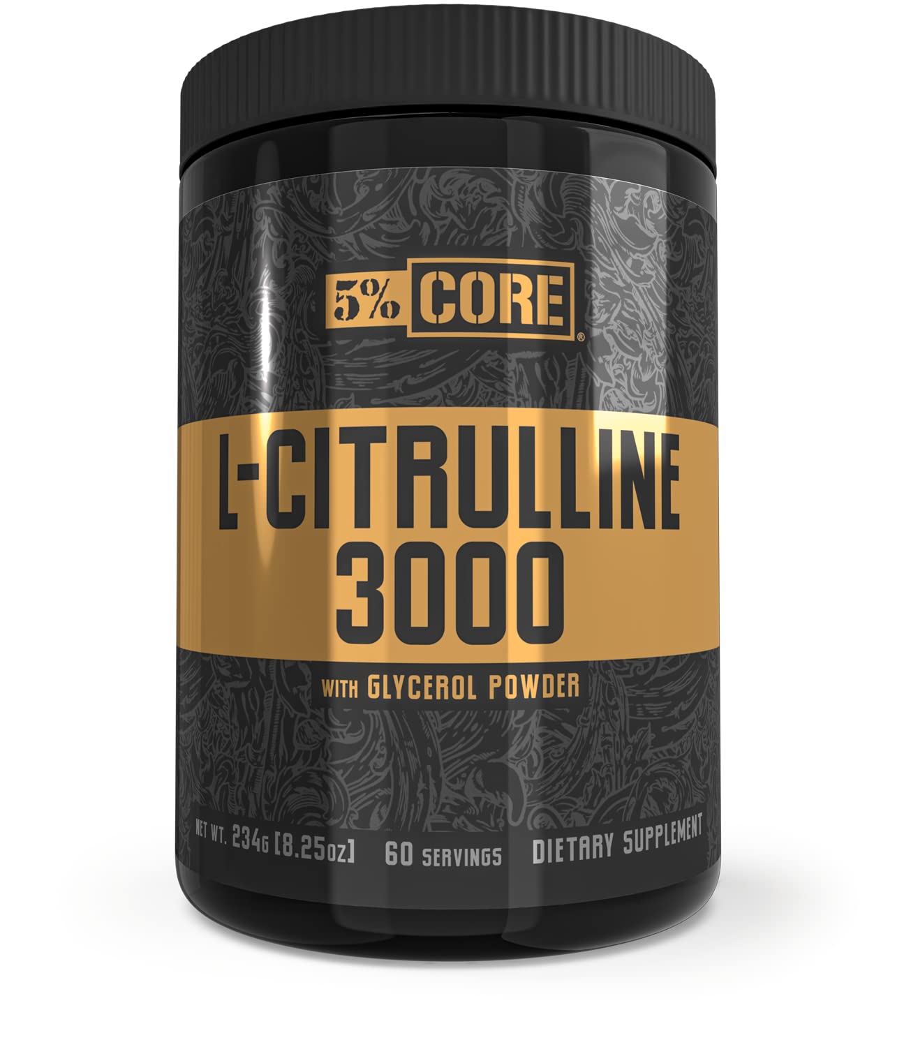 5% Nutrition Core L-Citrulline 3000 with glycerol bottle shows nitric oxide support and hydration potential.