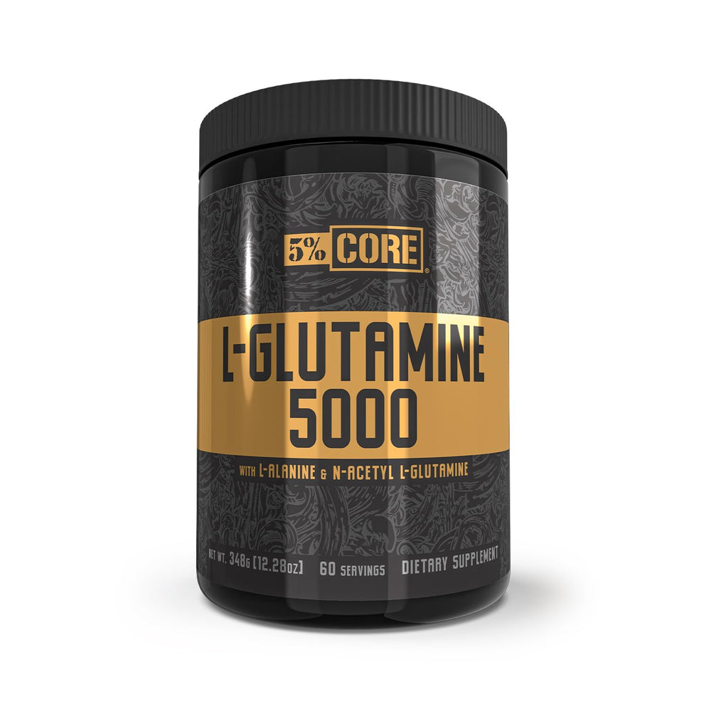 5% Nutrition Core L-Glutamine bottle promotes post-workout recovery support.