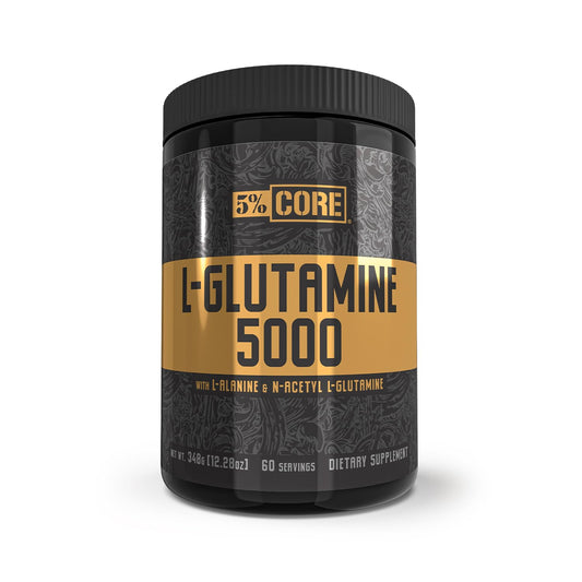 5% Nutrition Core L-Glutamine bottle promotes post-workout recovery support.