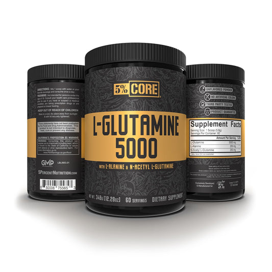 Close-up of 5% Nutrition Core L-Glutamine label highlighting premium formula for gut support.