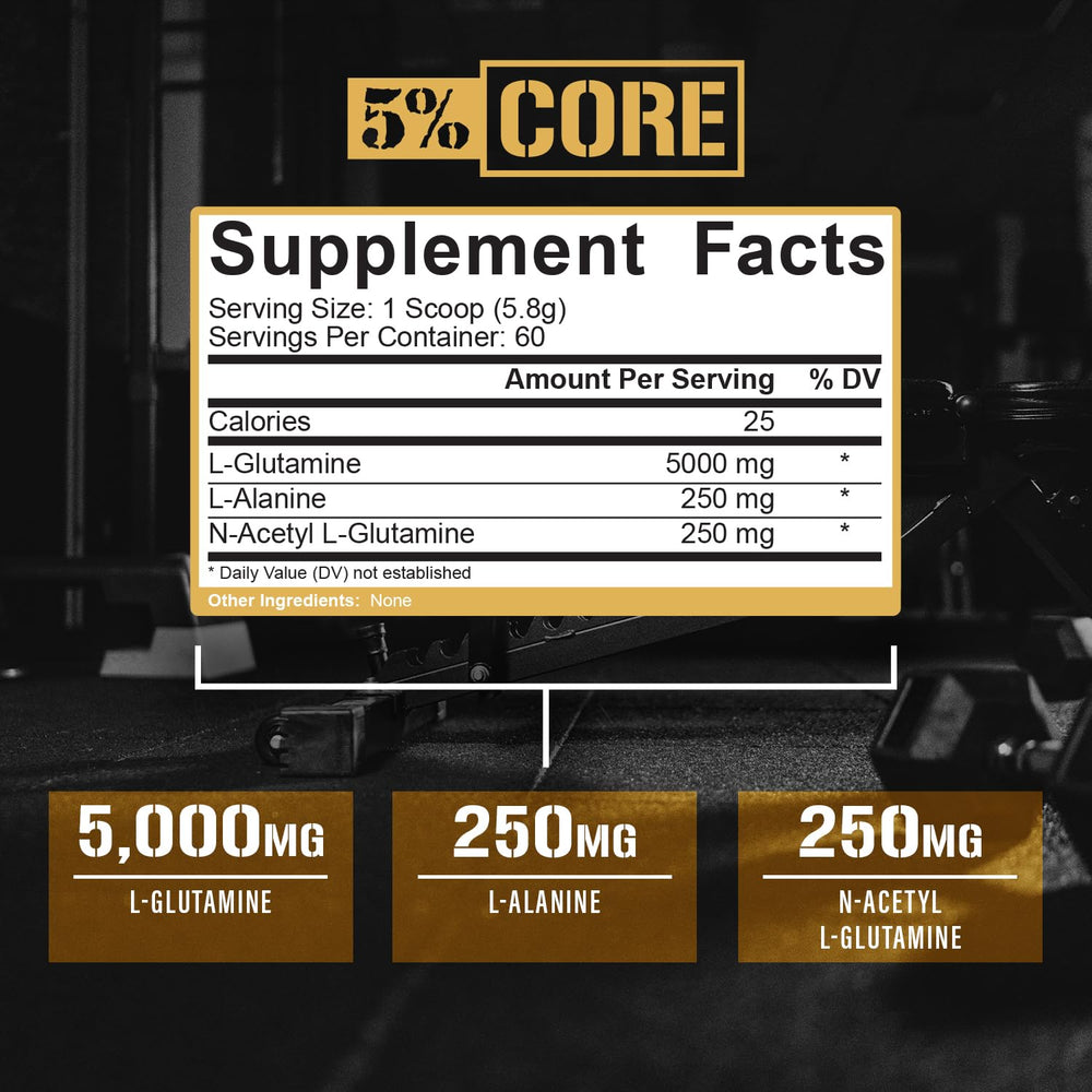 Scoop and dispense Core L-Glutamine powder for easy mixing after workouts.