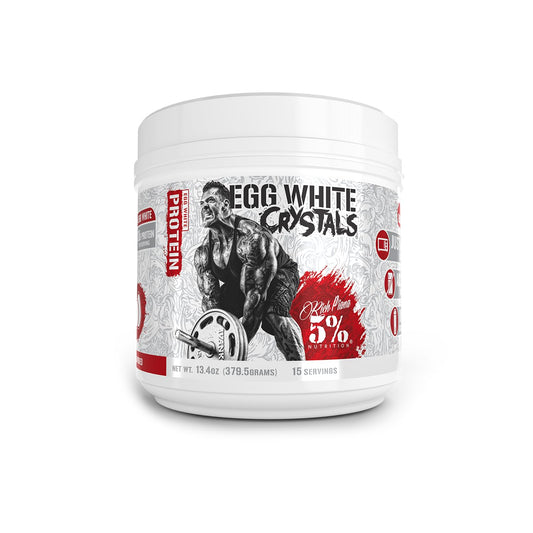 5% Nutrition Egg White Crystals bottle with protein-rich powder for easy mixing.