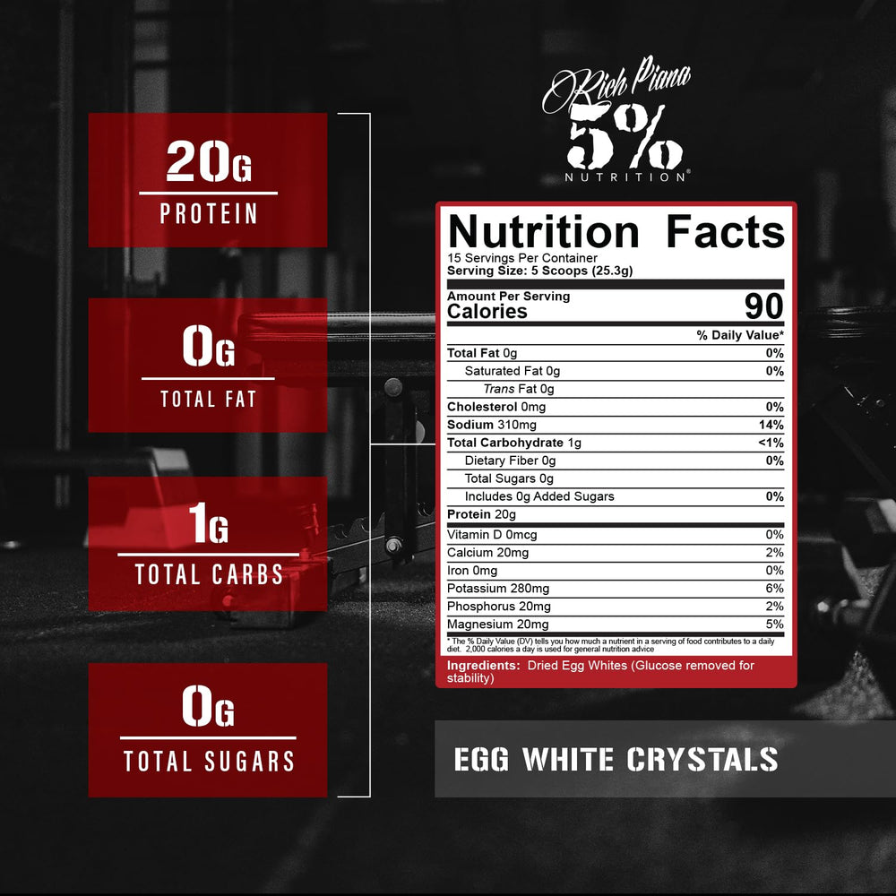 5% Nutrition Egg White Crystals scoop showing exact 20 g serving option.