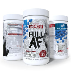 5% Nutrition FullAF blue raspberry powder in glass suggests refreshing flavor and mixability.