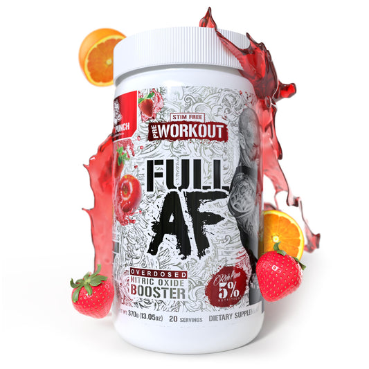 5% Nutrition FullAF pre-workout bottle front in Fruit Punch showing pump potential.