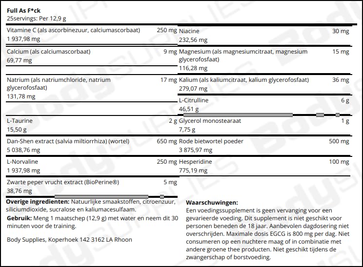 Close-up on FullAF label emphasizes pure citrulline and nitrosigine for nitric oxide support.