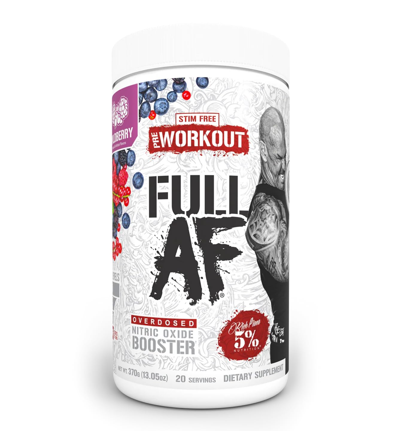 FullAF pre-workout scoop beside bottle shows stimulant-free formula for smooth, sustainable energy.