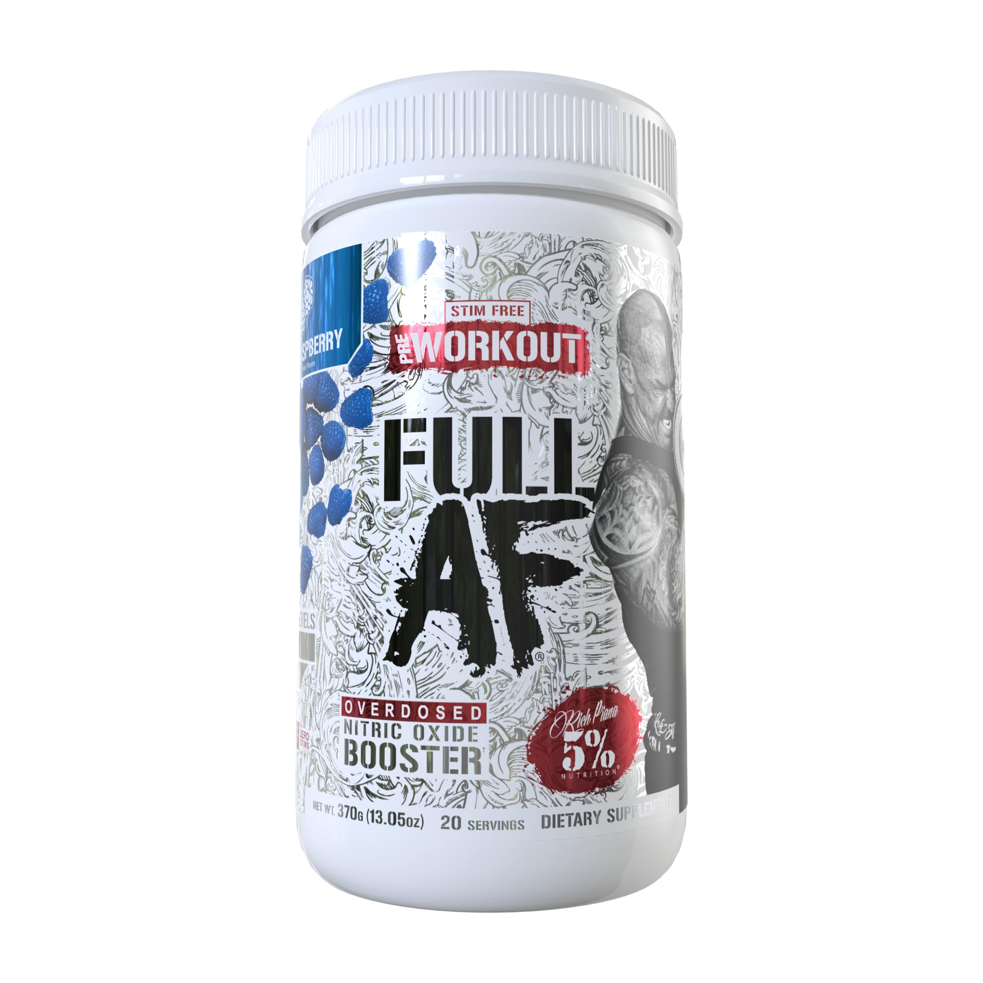 5% Nutrition FullAF banner packaging emphasizes stimulant-free design for stackable use.