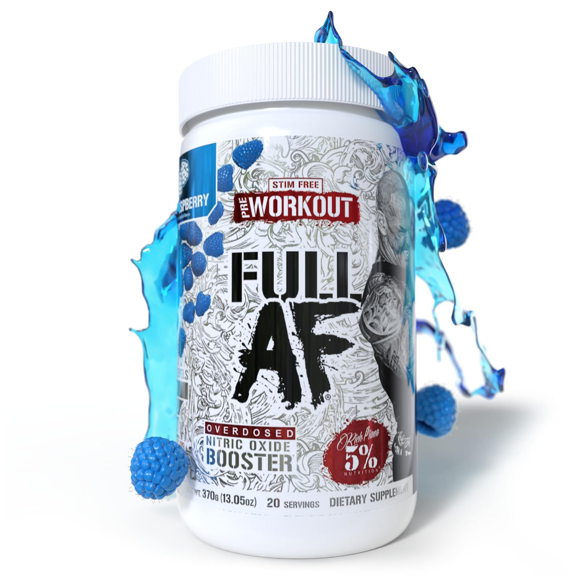 5% Nutrition FullAF pre-workout tub label highlights caffeine-free formula for clean pumps.