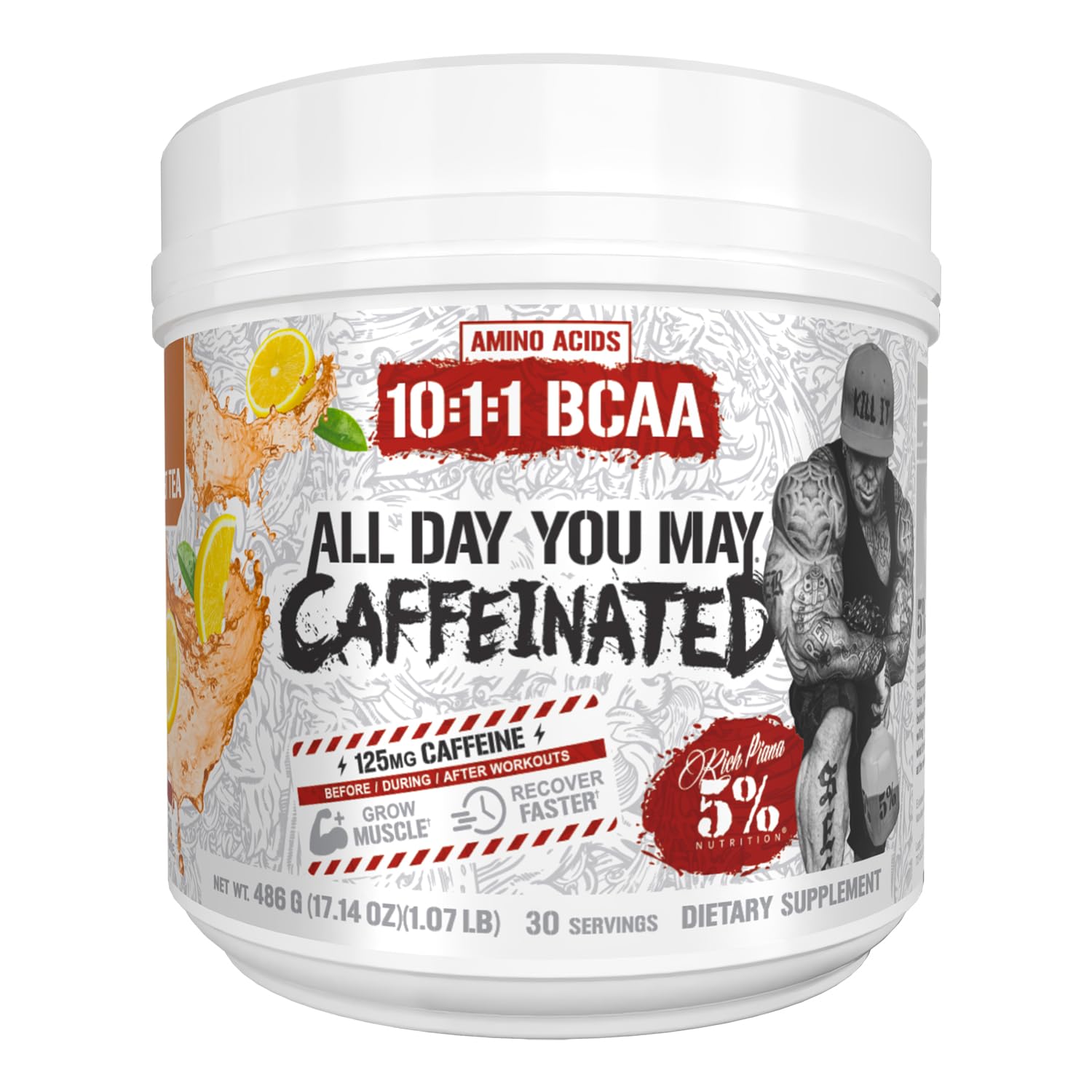 5% Nutrition Rich Piana ADYM caffeinated BCaa powder bottle pouring energy during workouts