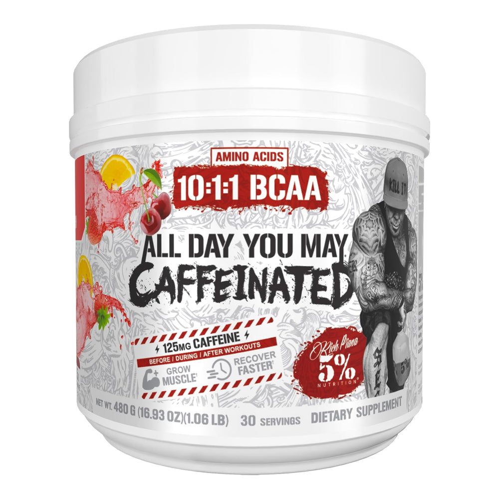 5% Nutrition Rich Piana ADYM caffeinated powder tub for sustained training energy.