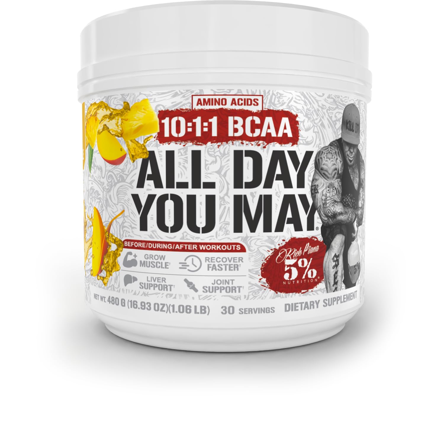 5% Nutrition Rich Piana AllDayYouMay powder bottle for daily recovery.