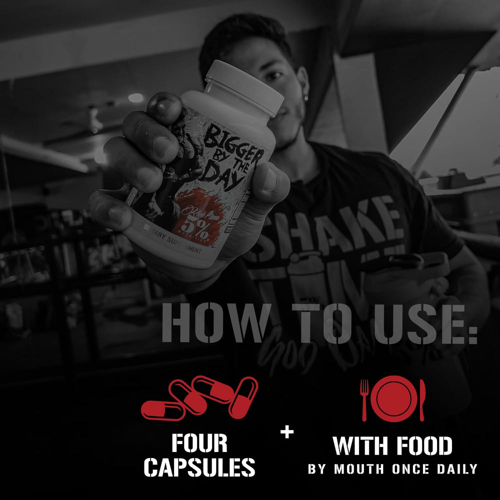 5% Nutrition Rich Piana BiggerByTheDay capsules lined for easy daily dosing