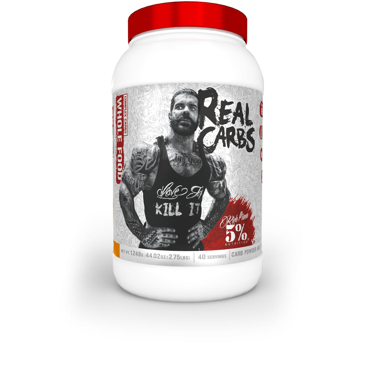 5% Nutrition Rich Piana Real Carbs bottle shows real-food carbs for steady energy.