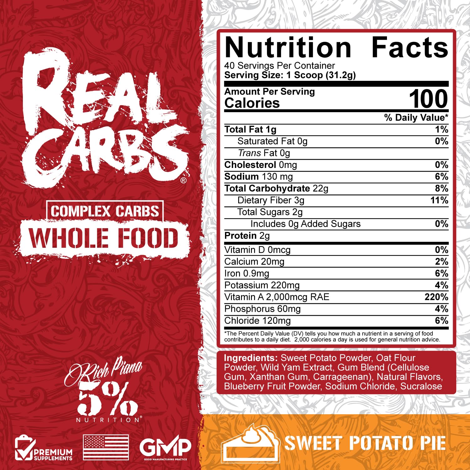 5% Nutrition Rich Piana Real Carbs scoop for precise pre- and post-workout fueling.