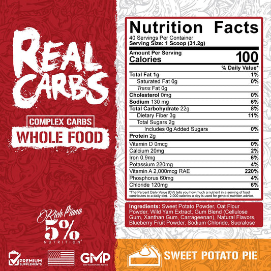 5% Nutrition Rich Piana Real Carbs scoop for precise pre- and post-workout fueling.