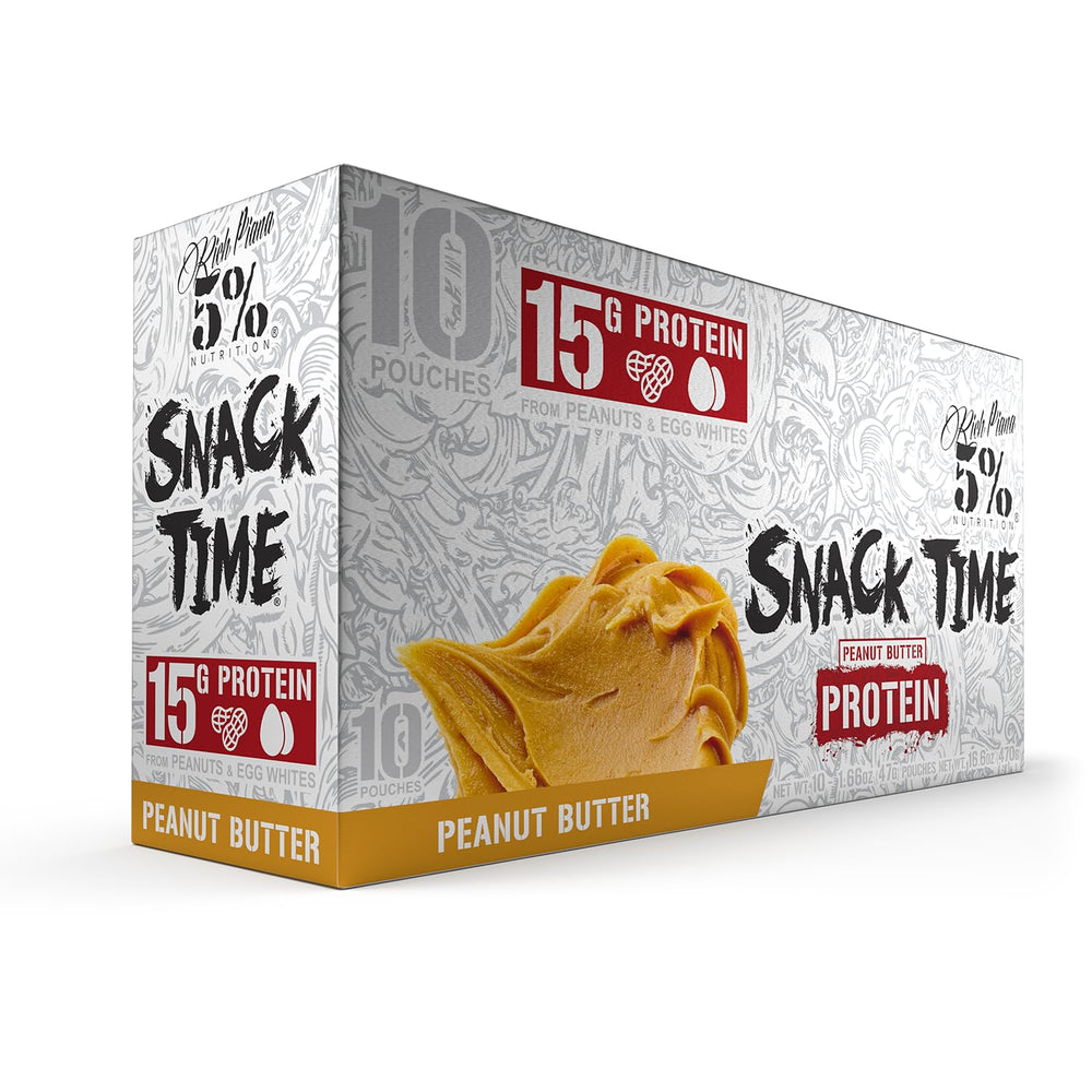 5% Nutrition Snack Time ingredients panel highlights egg whites and peanuts.