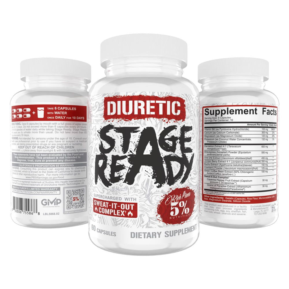 Close-up of 5% Nutrition Stage Ready Diuretic pills showing strength and form.