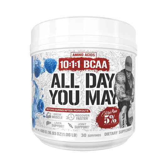 5% Nutrition Rich Piana ADYM BCAA powder bottle for hydration during workouts