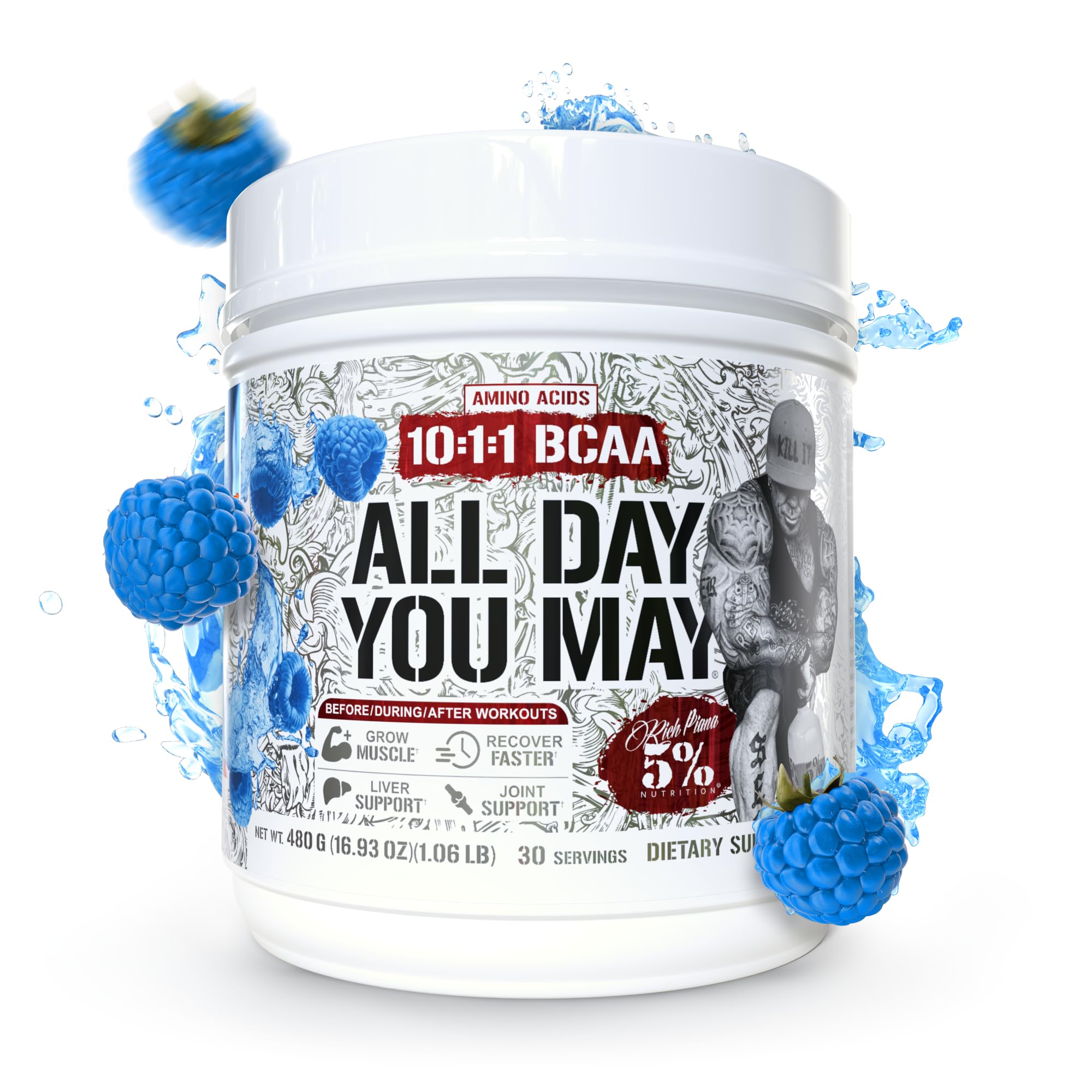 5% Nutrition Rich Piana ADYM BCAA powder packaging with macros for keto and vegan users