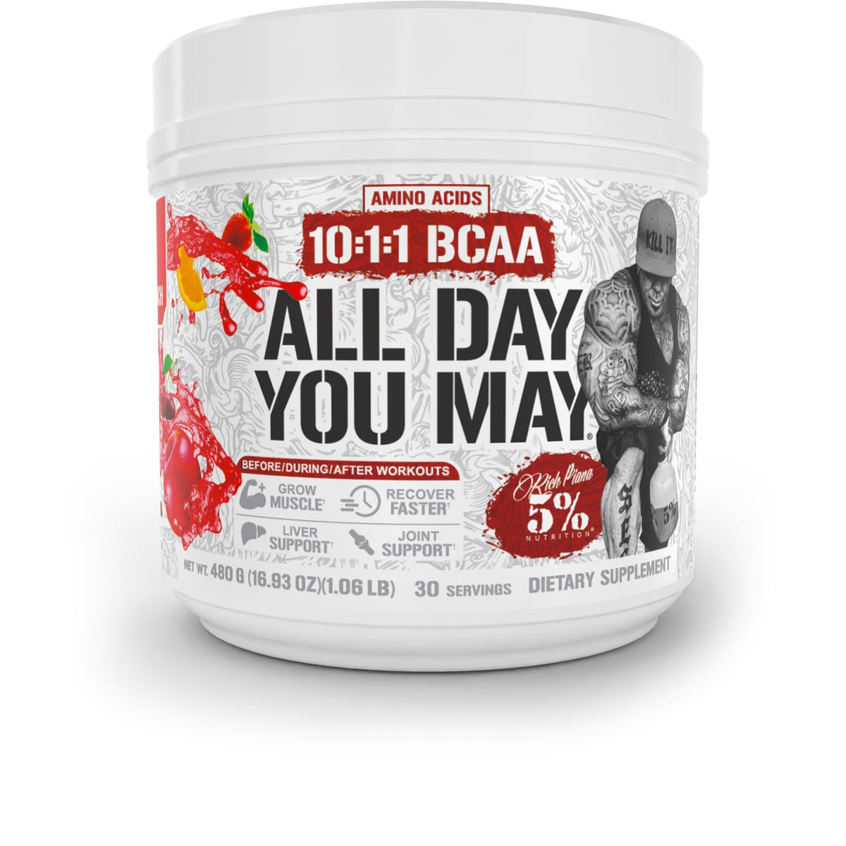 5% Nutrition Rich Piana AllDayYouMay bottle being poured for convenient hydration during workouts