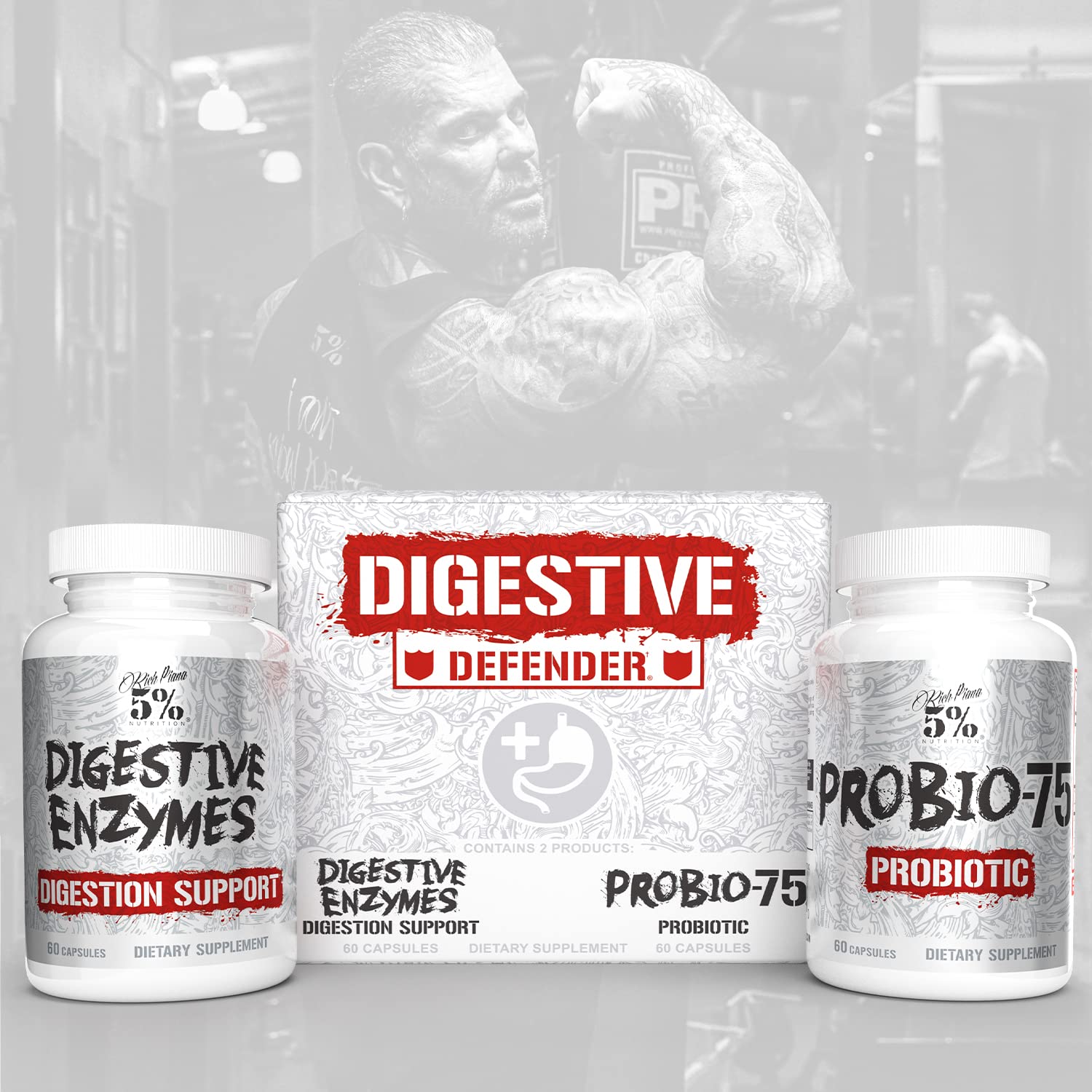 5% Nutrition Rich Piana Digestive Defender packaging indicating 120 capsules for a month