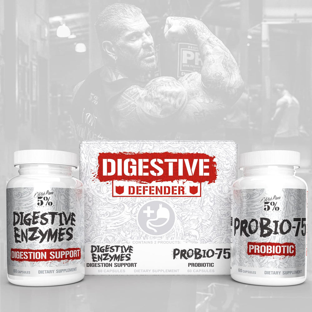 5% Nutrition Rich Piana Digestive Defender packaging indicating 120 capsules for a month