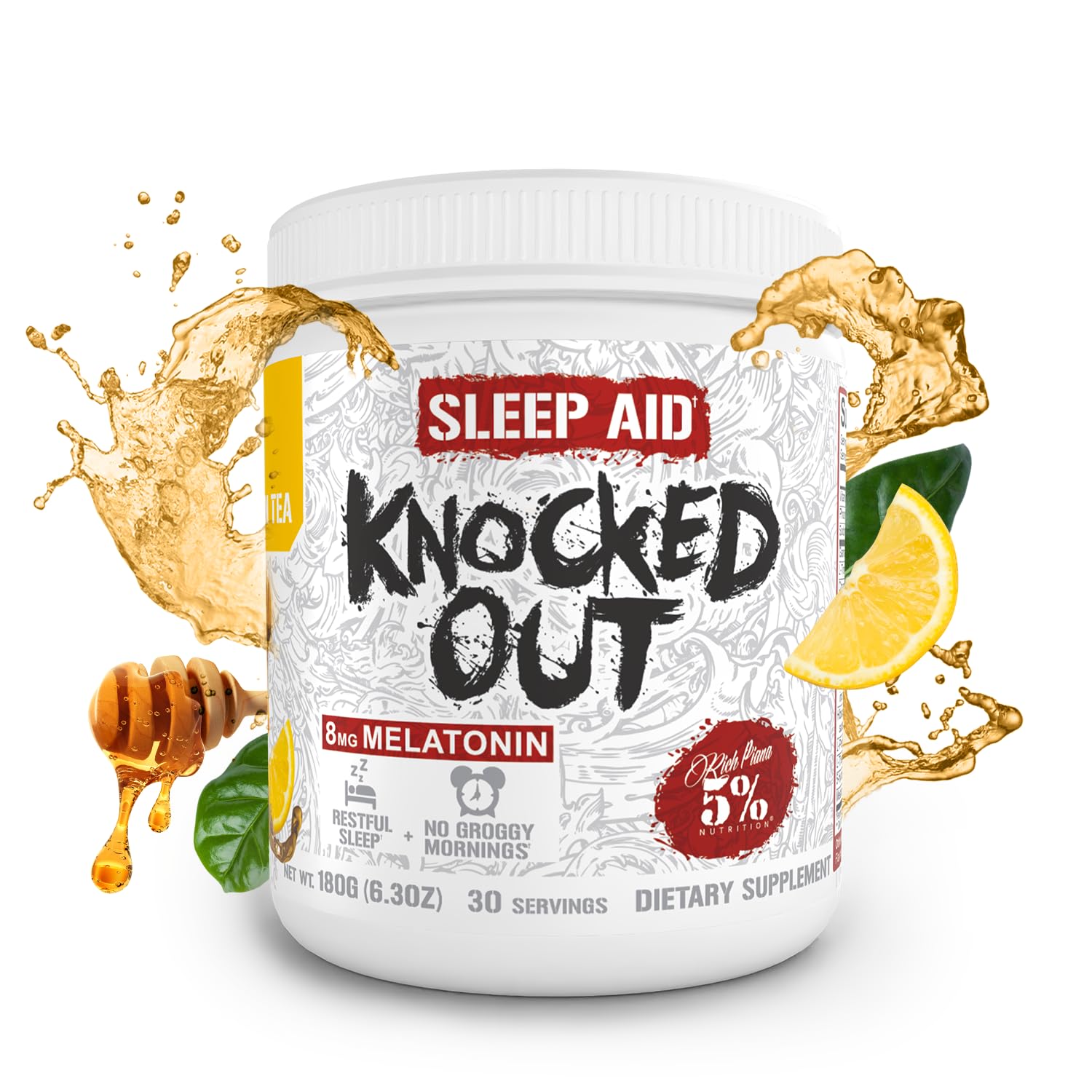 5% Nutrition Rich Piana Knocked Out label closeup highlights ingredients and melatonin dosing for informed use.
