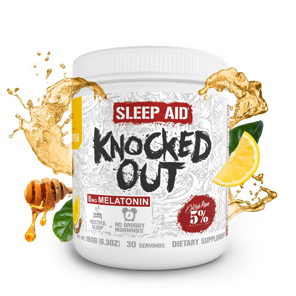 5% Nutrition Rich Piana Knocked Out label closeup highlights ingredients and melatonin dosing for informed use.