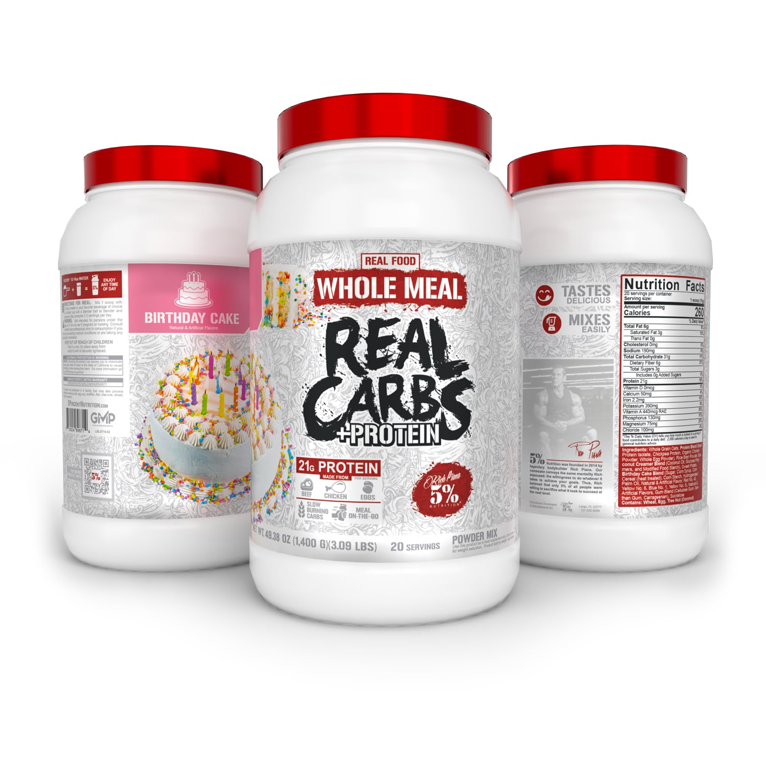 5% Nutrition Real Carbs + Protein tub back, highlighting protein sources and macro blend.