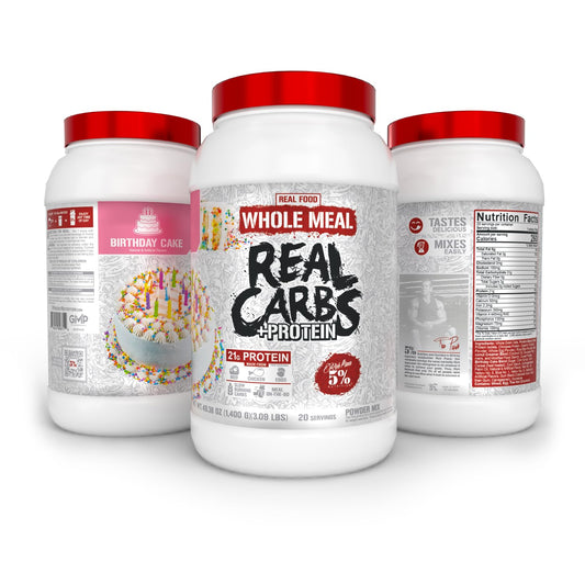 5% Nutrition Real Carbs + Protein tub back, highlighting protein sources and macro blend.