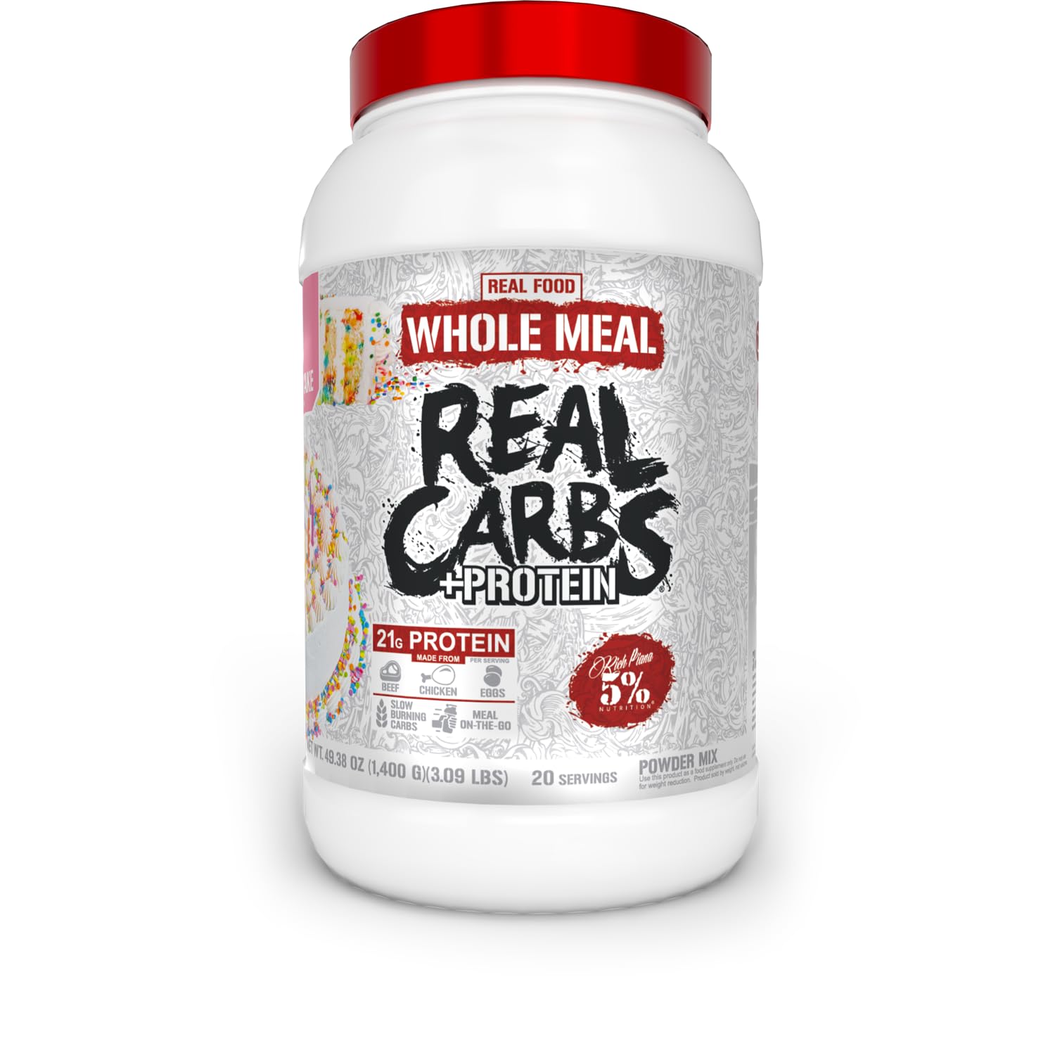 5% Nutrition Rich Piana Real Carbs + Protein tub front, ready-to-mix meal replacement for fueling workouts.