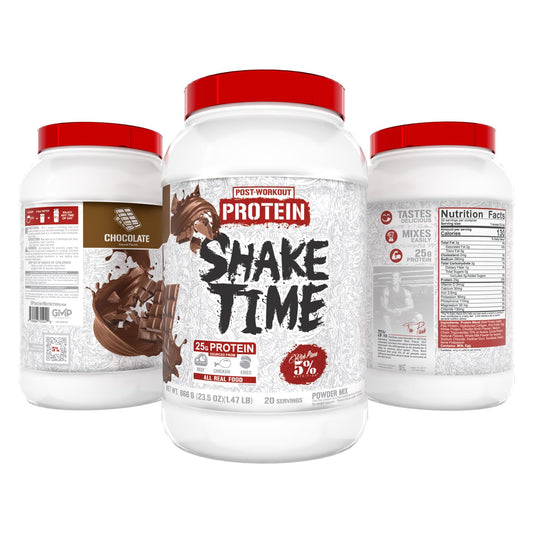Shake Time chocolate shake in a glass highlights fast and medium protein uptake