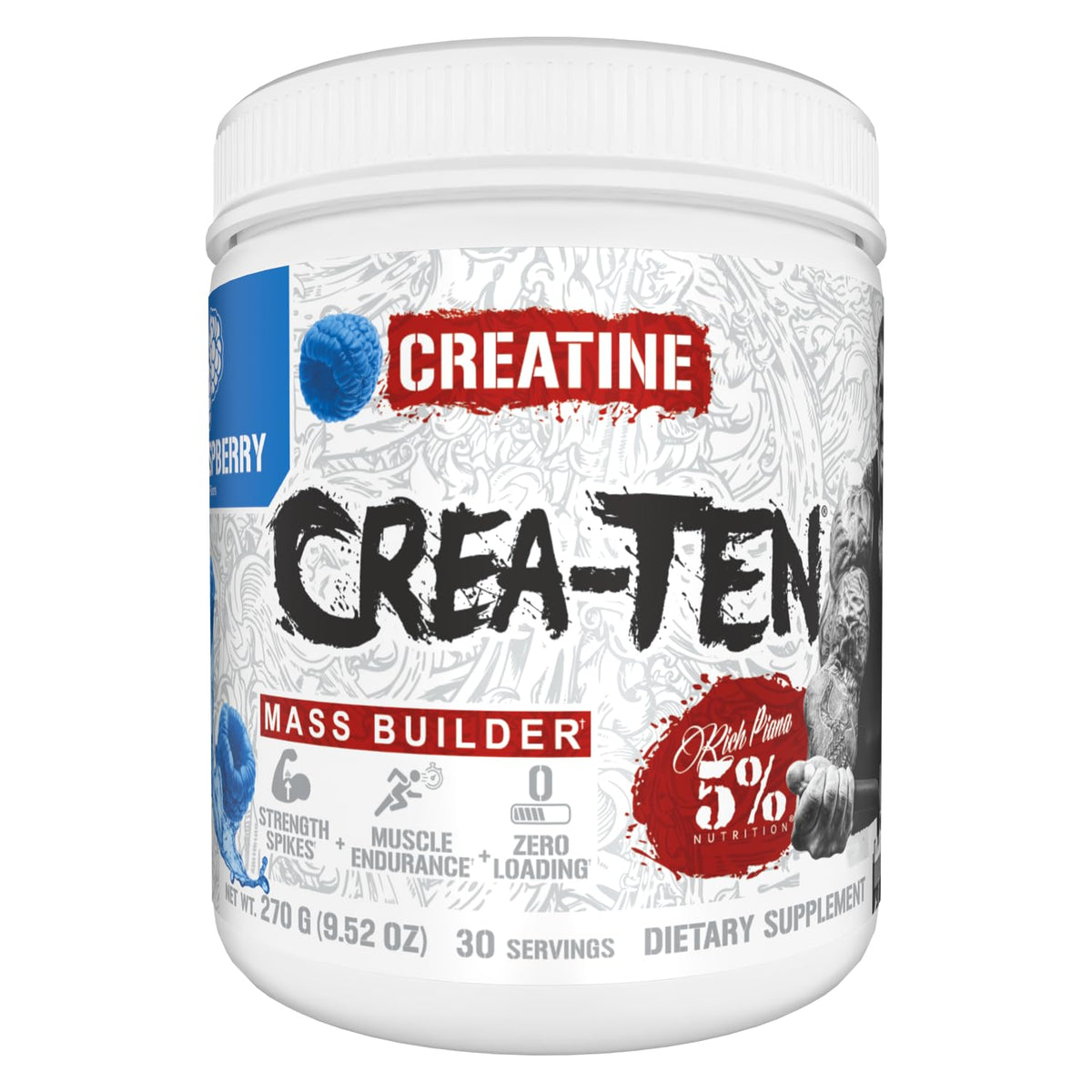 5% Nutrition CreaTEN Complex bottle pour enables quick post-workout dosing.