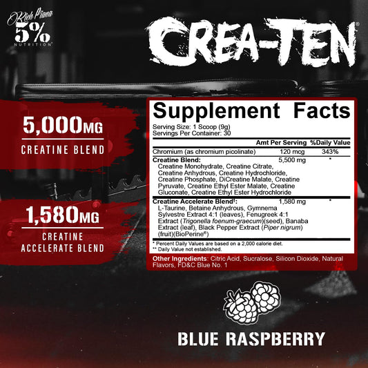 5% Nutrition CreaTEN Complex scoop ready for precise pre-workout mixing.