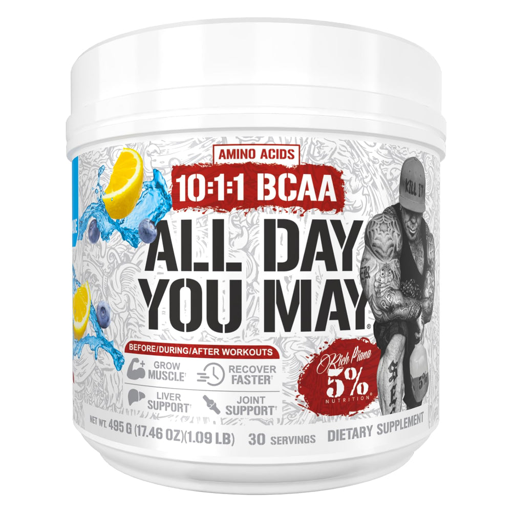 5% Nutrition Rich Piana ADYM bottle pour highlighting intra workout amino acids
