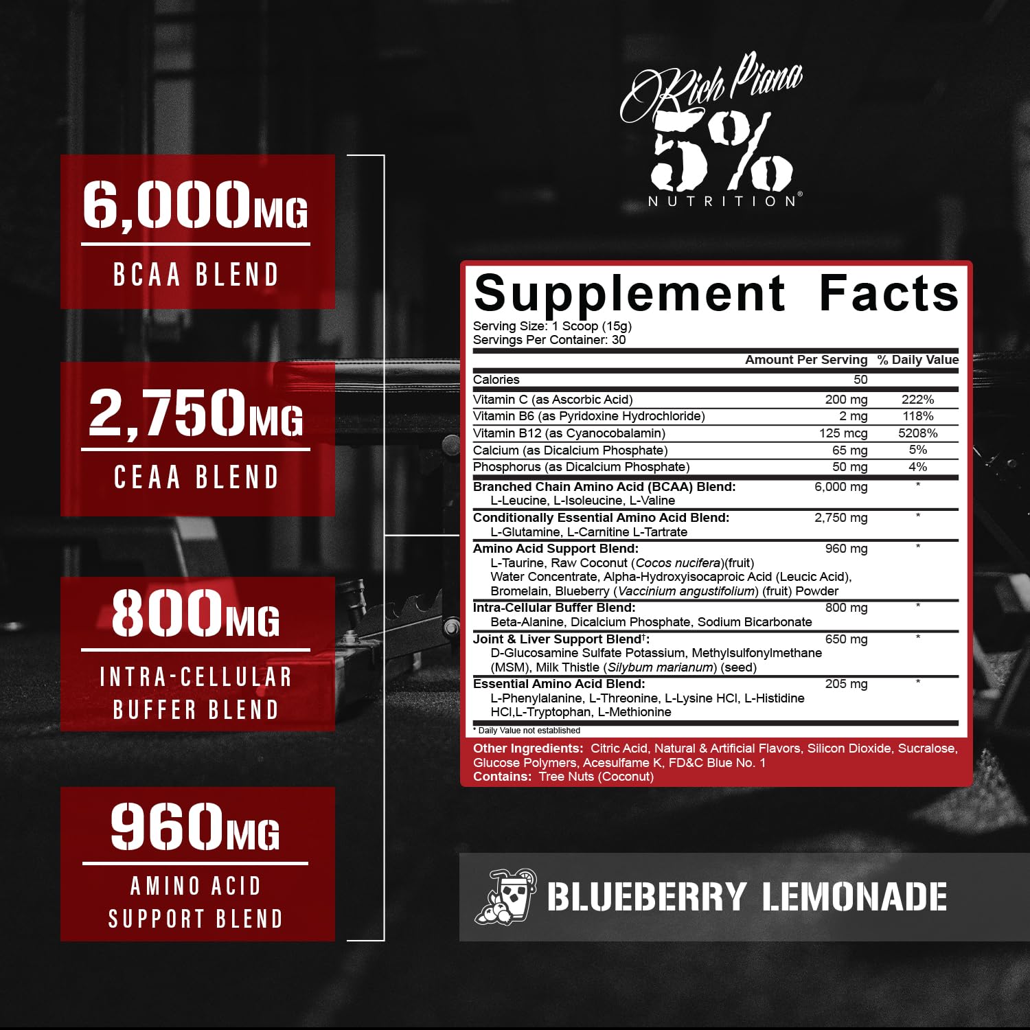 5% Nutrition Rich Piana ADYM label close-up shows complete amino acid matrix