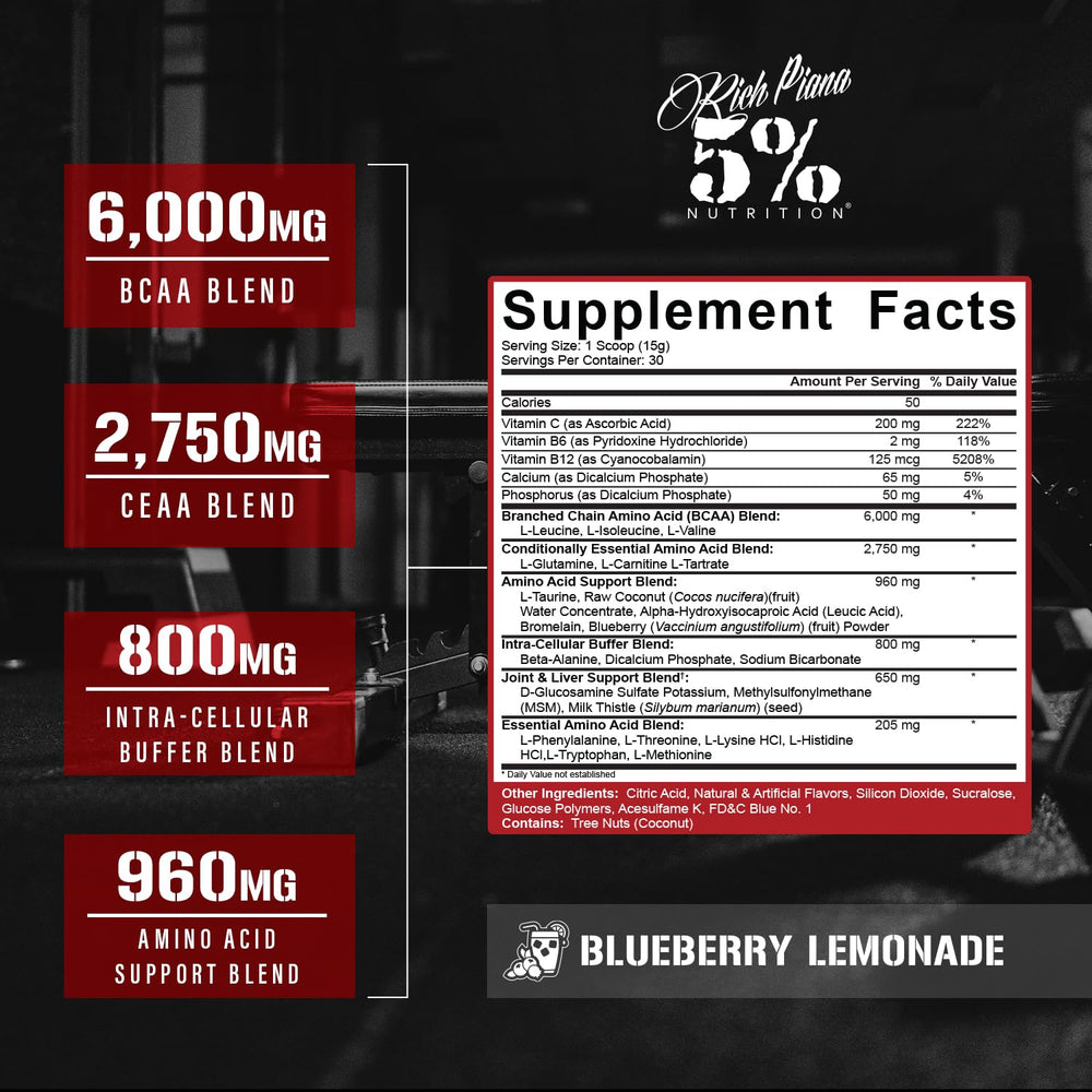 5% Nutrition Rich Piana ADYM label close-up shows complete amino acid matrix