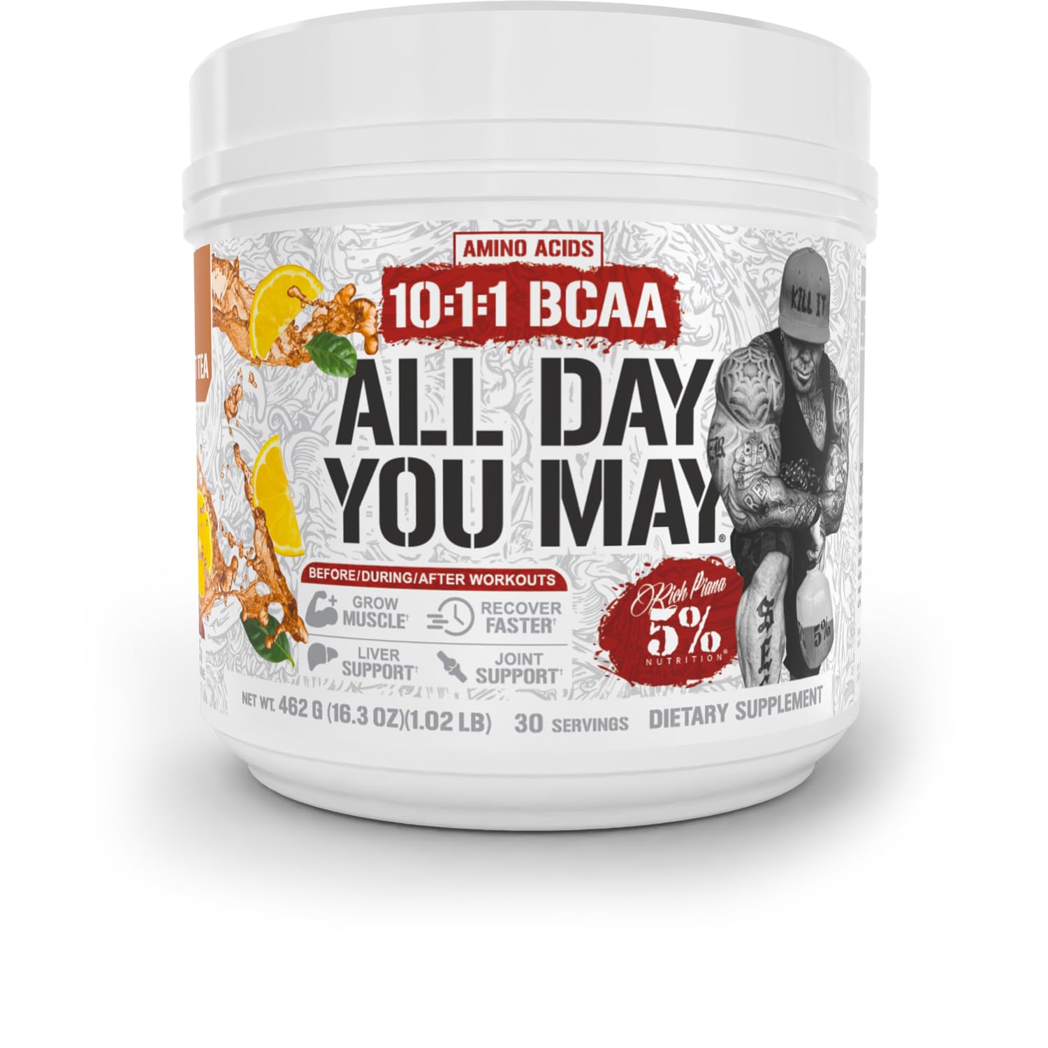 5% Nutrition Rich Piana AllDayYouMay BCAA powder bottle for all-day hydration.