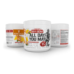 16.3 oz container displays packaging for 5% Nutrition Rich Piana AllDayYouMay BCAA powder.