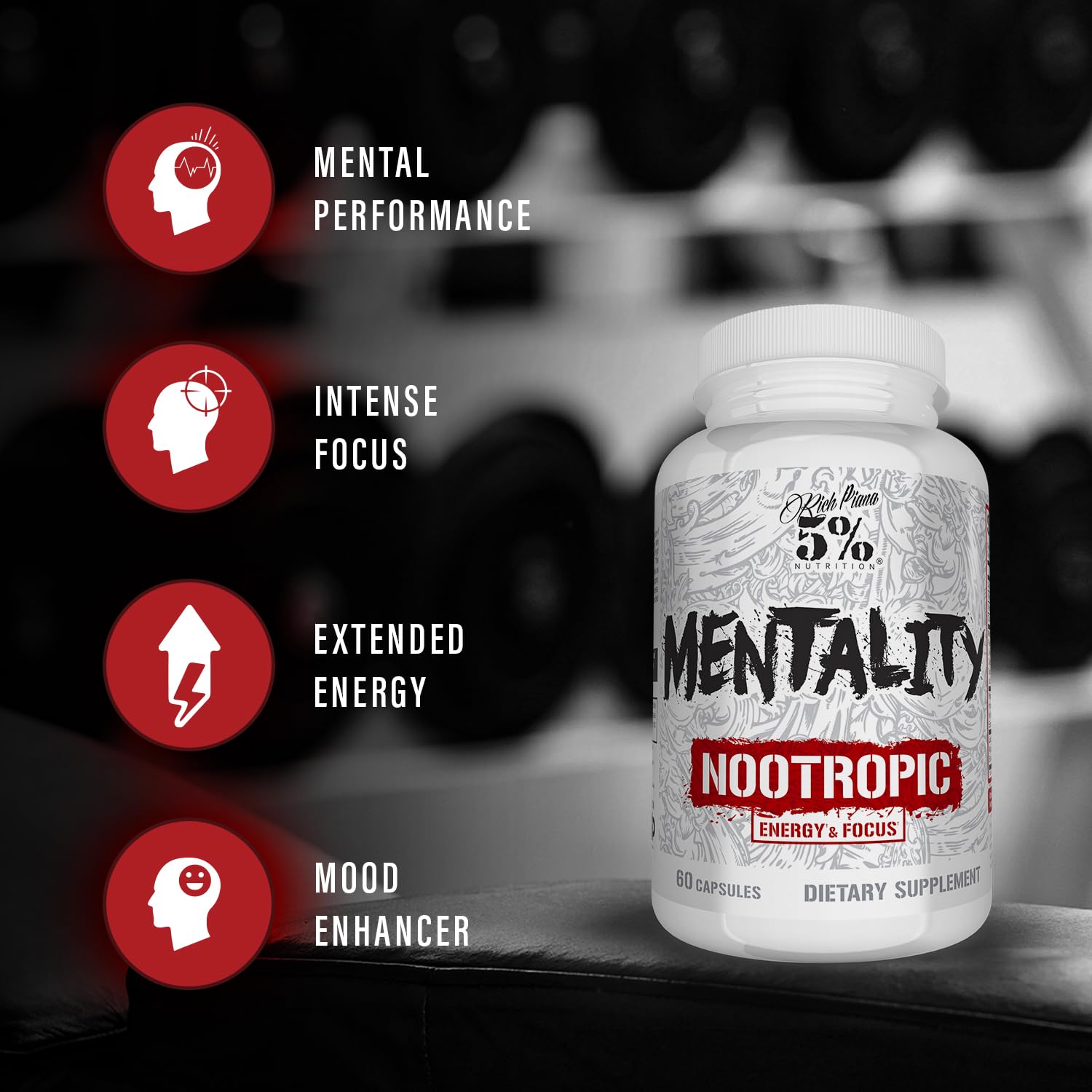 Close-up of Rich Piana Mentality label highlighting premium ingredients